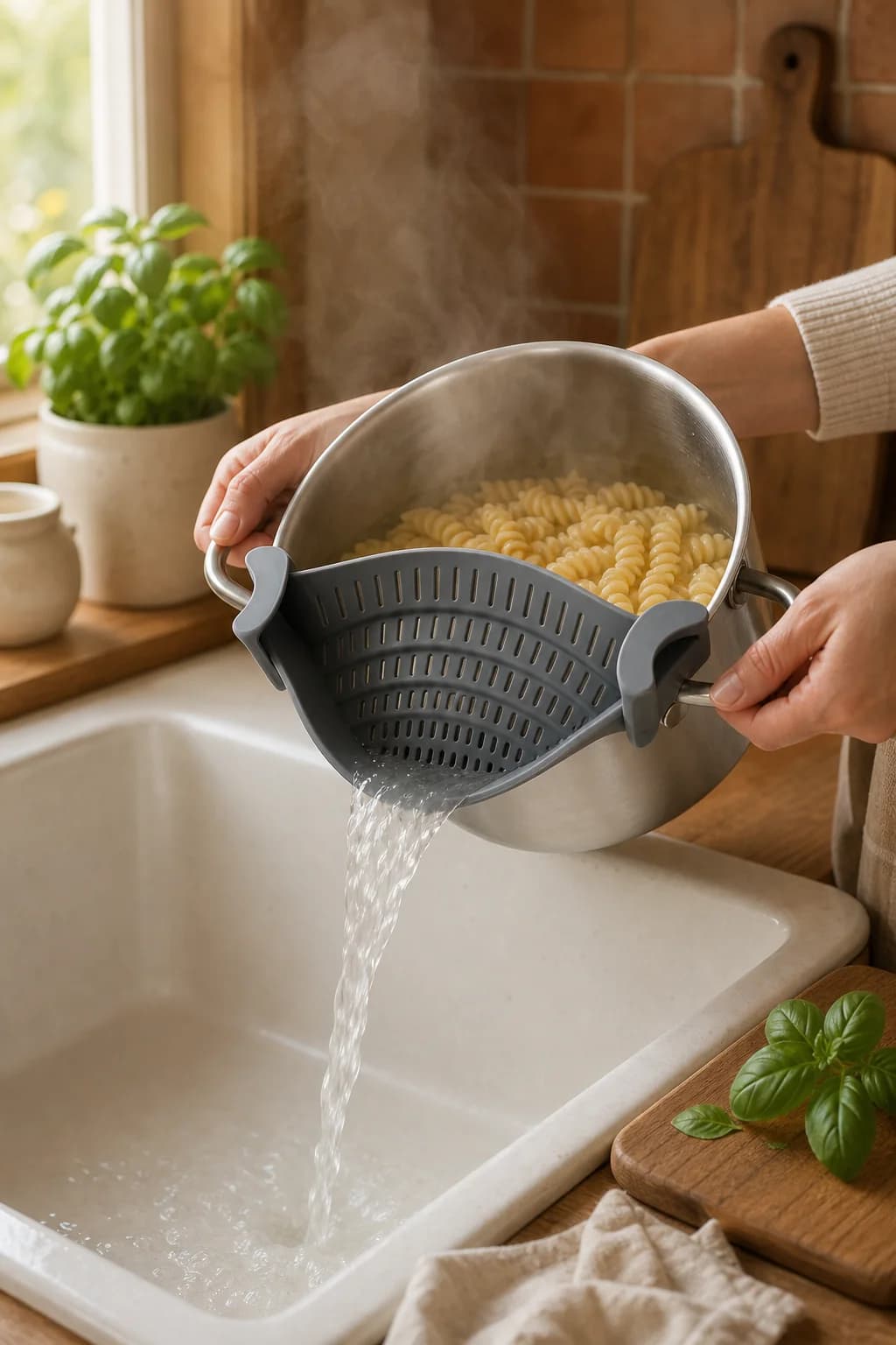 A silicone strainer clipped to a pot, draining pasta into the sink